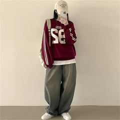 Vintage Number Print Striped Sleeve Sweatshirt - fairypeony