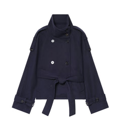 Double-Breasted Solid Color Long Sleeve Coat – Stand Collar Smart Casual Outerwear