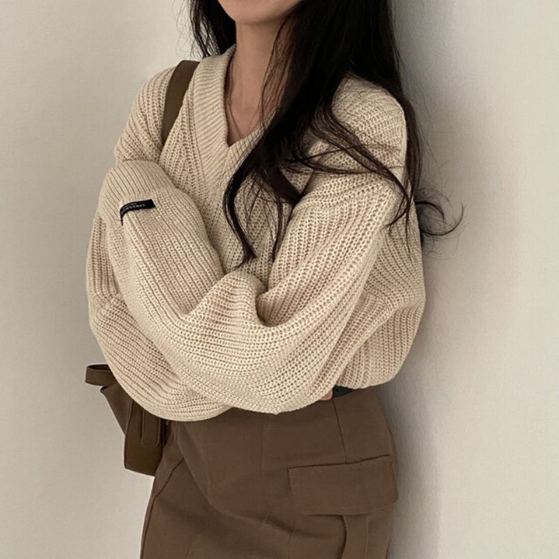 Vintage V-Neck Oversized Cropped Sweater