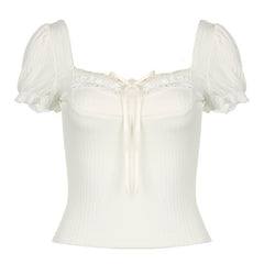 Bow Knot Square Neck Puff Short Sleeve Tee