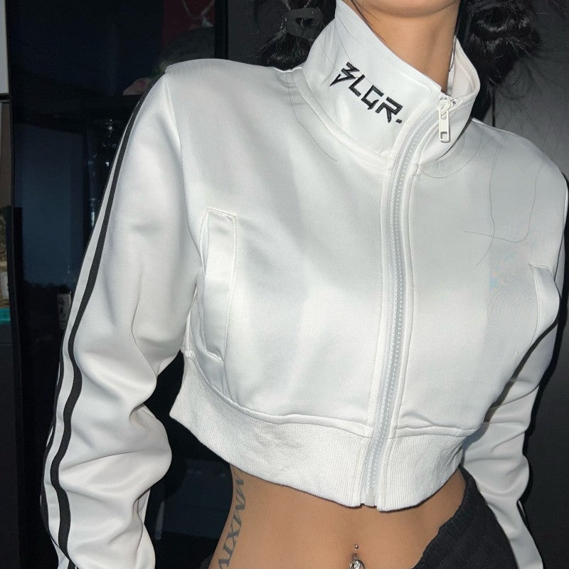 Side Stripe Zip Up Cropped Jacket - fairypeony