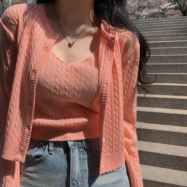 Aesthetic Knitted Cable Knit Cardigan Set - fairypeony
