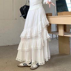 Solid Color Ruffled Fairy Lace Maxi Skirt