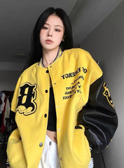 Collar Contrast Loose Baseball Jacket - fairypeony