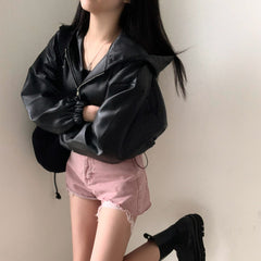 Solid Color Crop Pu Leather Hooded Jacket