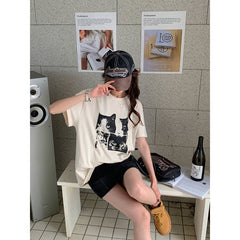 Casual cat Print Short Sleeves Oversized Tee - fairypeony