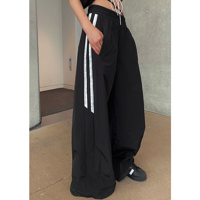 Side Striped Black Wide Leg Sweatpants - fairypeony