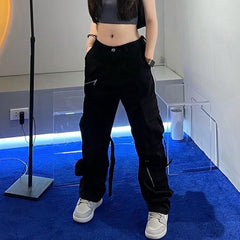 Detachable Strap Zip Fly Cargo Pants - fairypeony