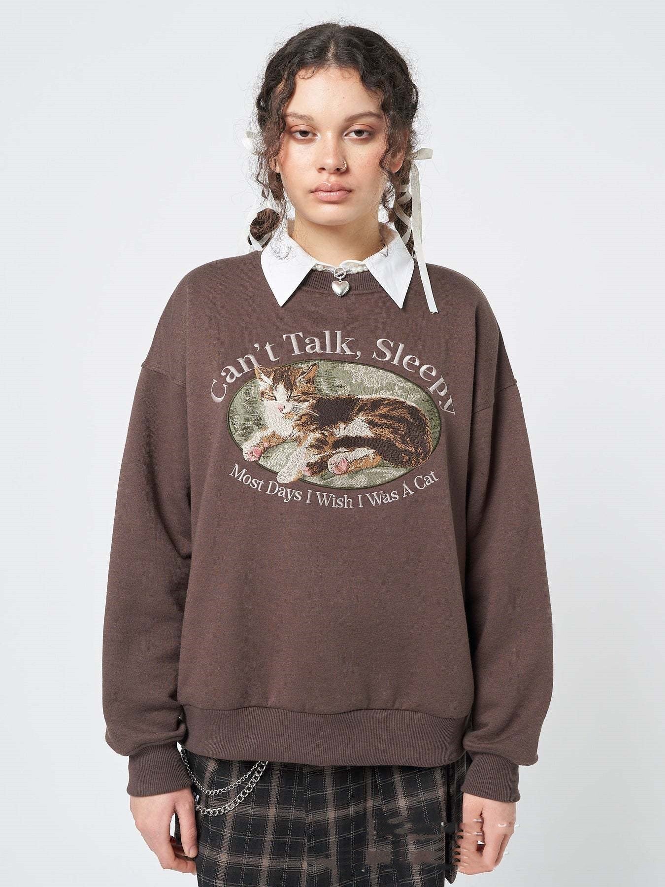 Can't Talk Cat Print Sweatshirt - fairypeony