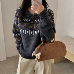 Fair Isle Jacquard Polo Collar Sweater