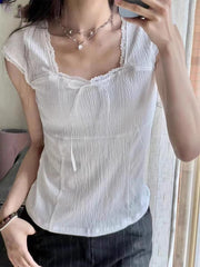 Lace Trim Square Neck Bow Tee