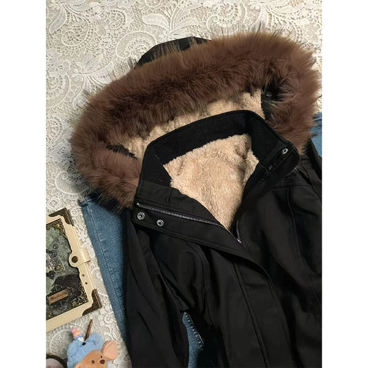 2000s Retro Fleece-Lined Hooded Jacket – Fur Trim Zip-Up Bomber in Black S–XL