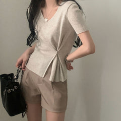 V-neck Split Waist Short sleeve Knit Tee