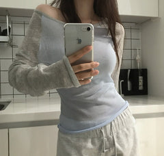 Color-block knit sweater top in gray blue, off-shoulder style