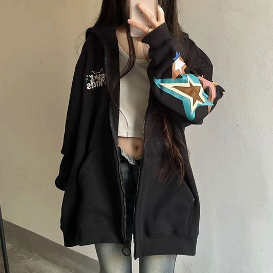 Vintage Star Print Oversized Hoodie - fairypeony
