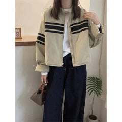 Striped Oversized Bomber Zip UP Jacket - fairypeony