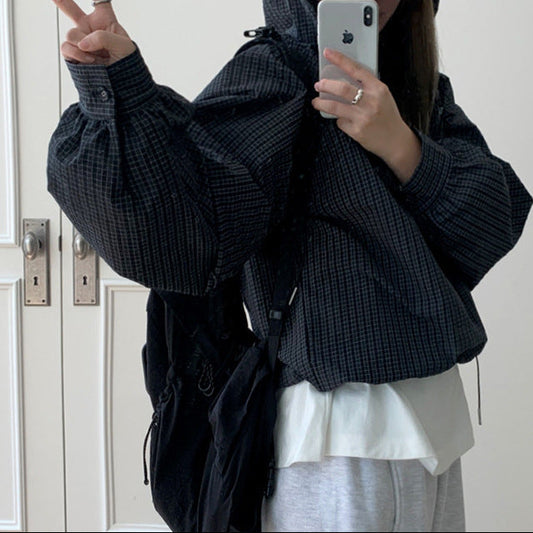 Half-Zipper Hooded Checked Shirt – Oversized Princess Sleeve Top in Dark Gray and Purple