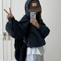 Lady's half-zipper hooded checked shirt