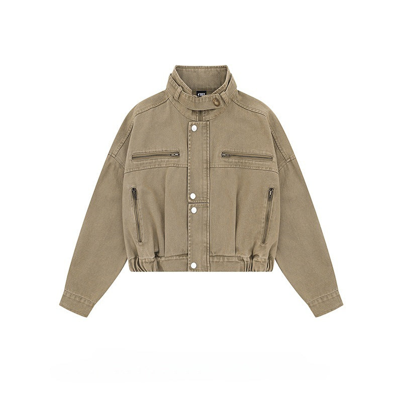 Workwear Denim Jacket – American Retro Loose Fit Stand Collar Zip-Up Coat