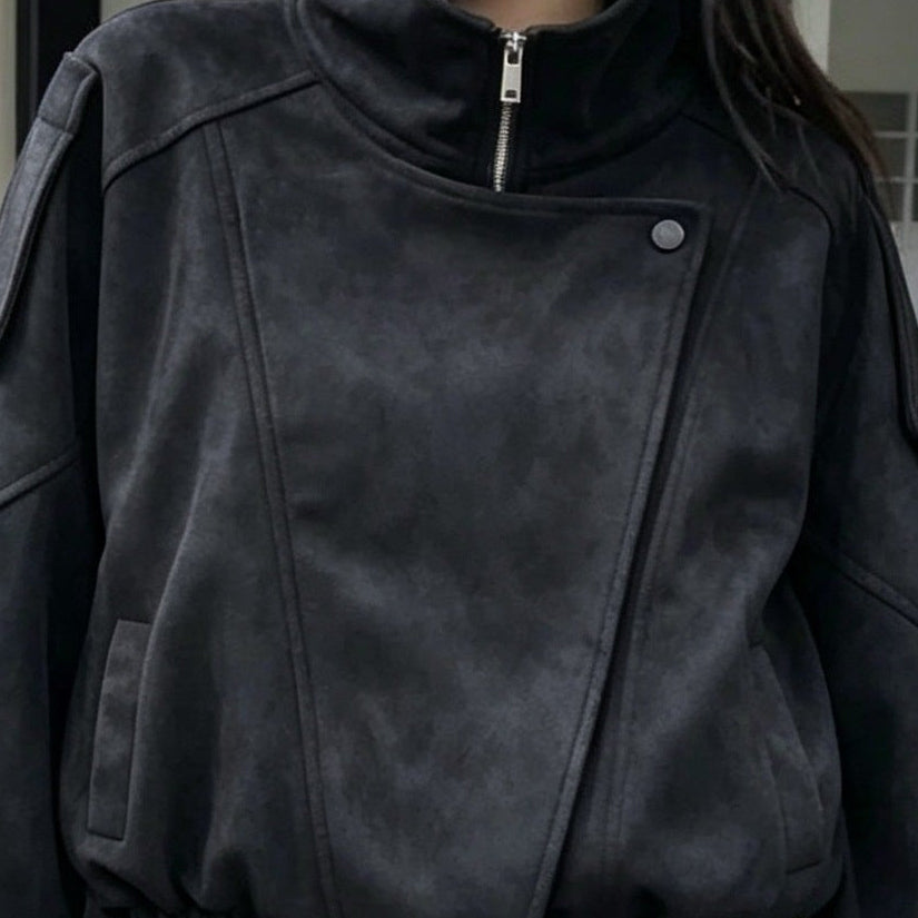 Retro foldable collar suede coat in black, front view