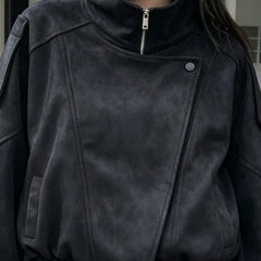 Retro foldable collar suede coat in black, front view