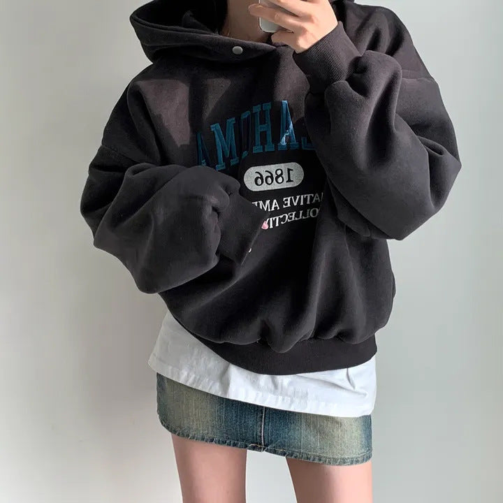 Vintage Letter Embroidered Pullover Hoodie