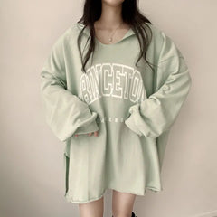 Letter Print Oversized Hooded Long Sleeve Tee - fairypeony