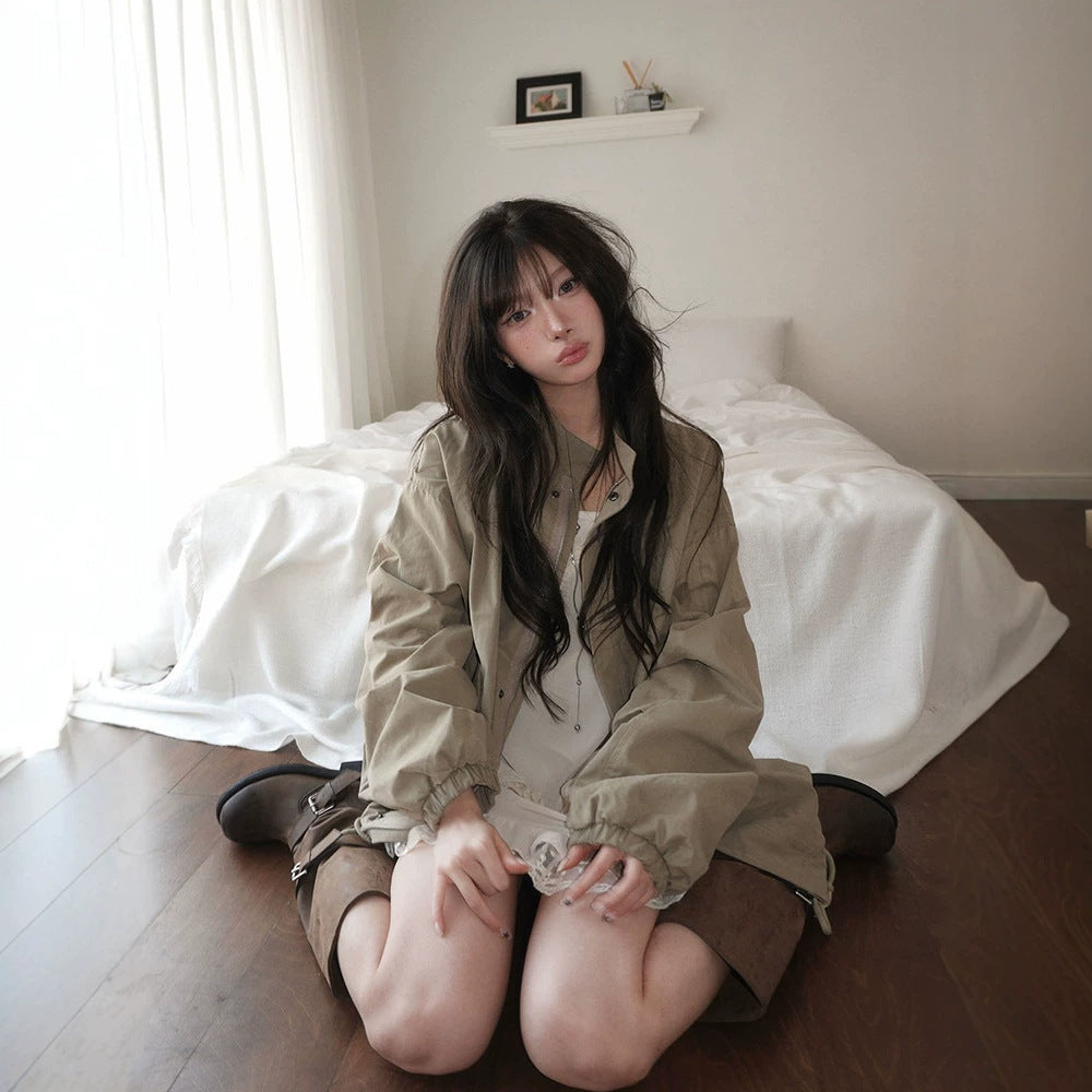 Drawstring Stand Collar Loose Jacket – Windproof Korean Cotton Coat in Khaki