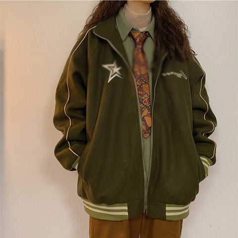 Vintage Embroidery Star Zip Up Oversized Jacket - fairypeony