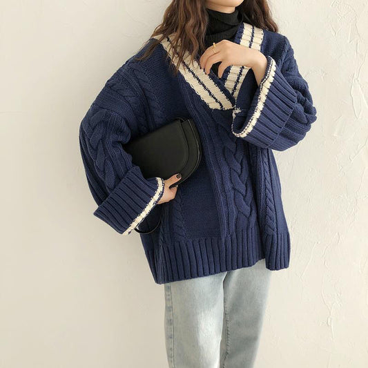 Contrast Color V Neck Cable Knit Sweater - fairypeony