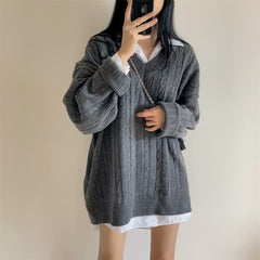 V-neck Mid-length Sweater Thick Long-sleeved Knitted Top