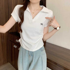 Embroidered Bow Polo Collar Short Sleeve Tee