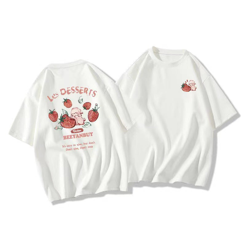 Strawberry Rabbit Print Oversized T-shirt - fairypeony