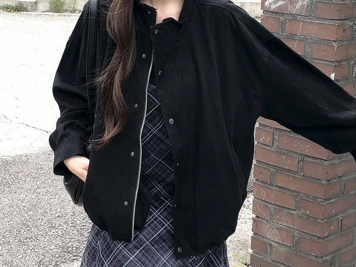 Vintage stand collar drawstring jacket in Black