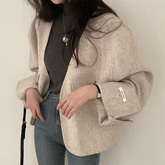 Solid Color V-Neck Plain Loose Jacket