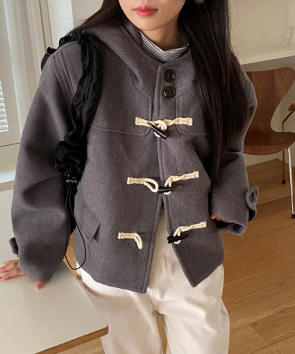 Vintage Duffle Button Hooded Wool Coat