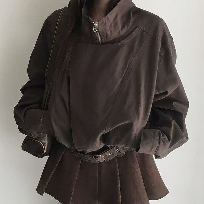 Stand collar relaxed fit woven jacket in brown, front view
