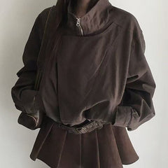 Stand collar relaxed fit woven jacket in brown, front view