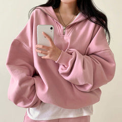 Solid Color Half Zip Up Oversized Sweatshirt - fairypeony