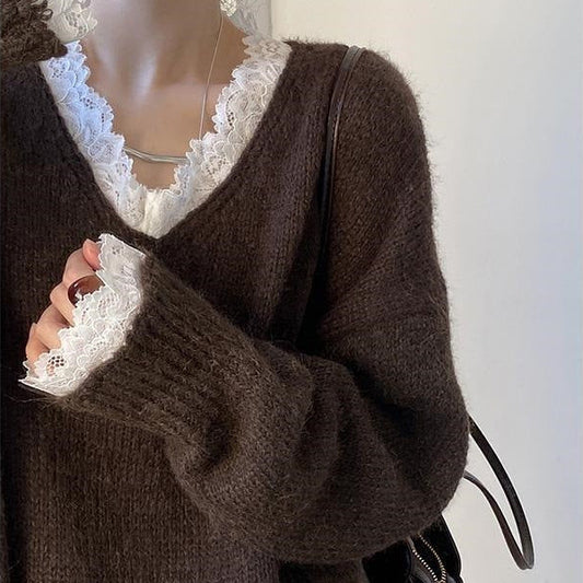 Aesthetic Lace Trim V-Neck Sweater
