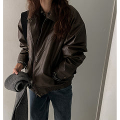 Vintage Pu Leather Oversized Zip Up Jacket