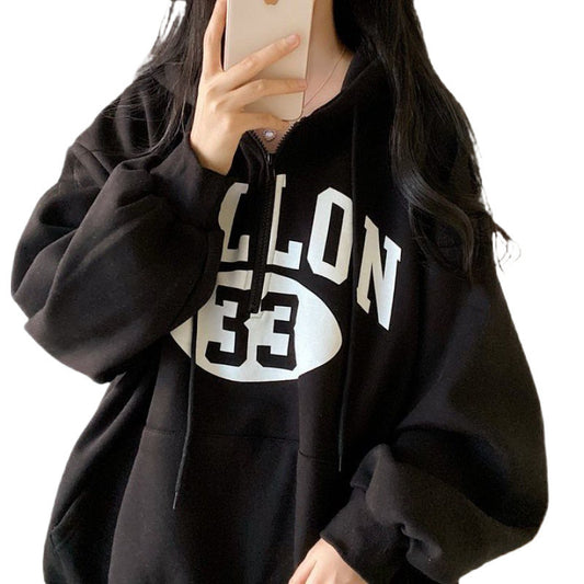 Vintage Logo Print Half Zip Up Oversized Hoodie