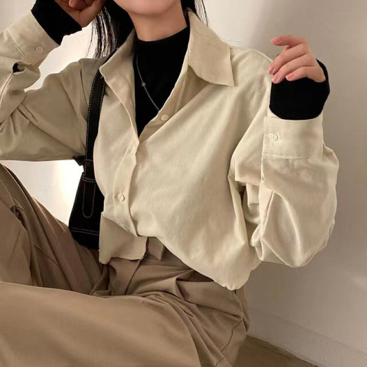 Dark Academia Solid Color Crop Long Sleeve Blouse