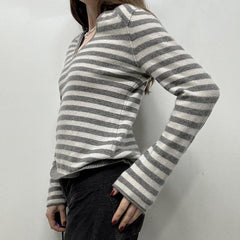 V-Neck Striped Loose Knitted Tee - fairypeony