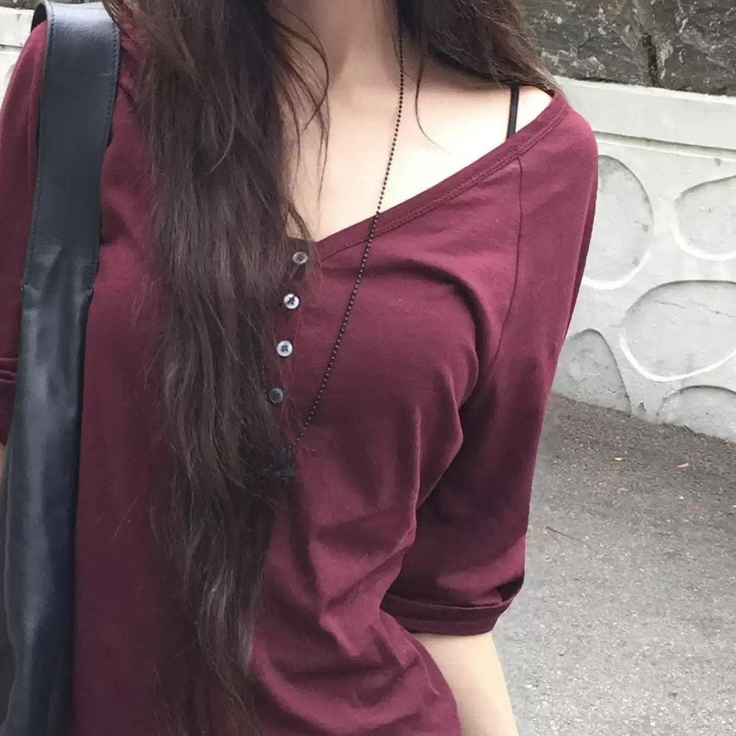 Slim fit half sleeve lapel top in burgundy red, front view