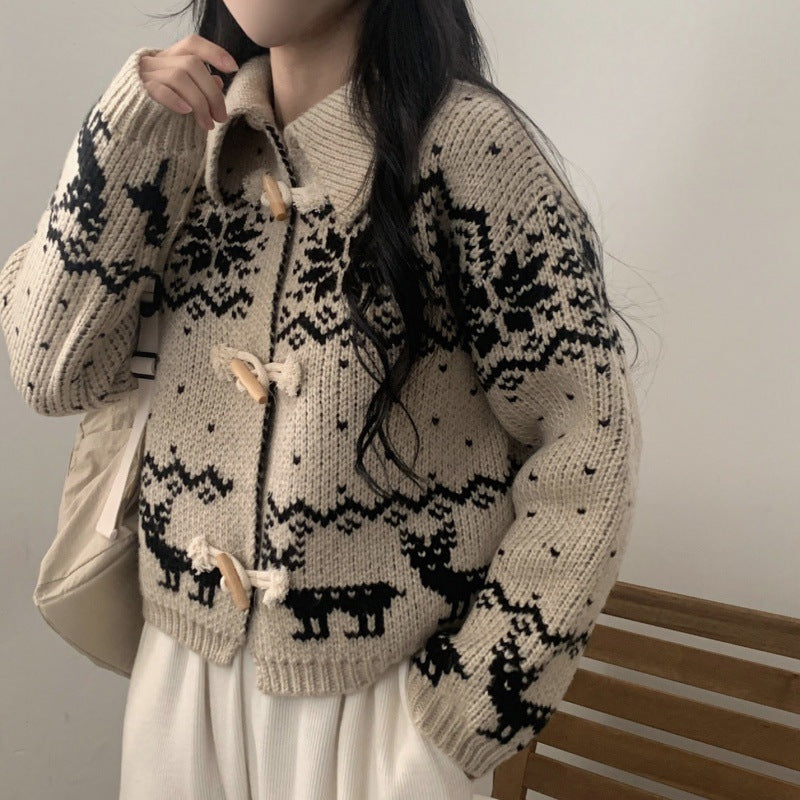Aesthetic Snowflake Horn Button Knitted Cardigan - fairypeony