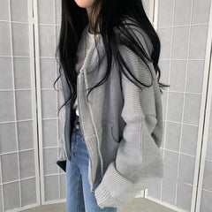 Solid Color Oversized Hooded Zip Up Cardigan
