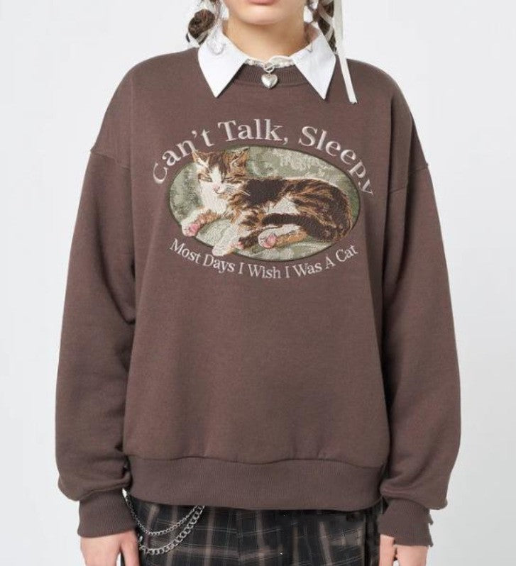 Can't Talk Cat Print Sweatshirt - fairypeony