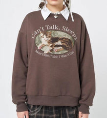 Can't Talk Cat Print Sweatshirt - fairypeony