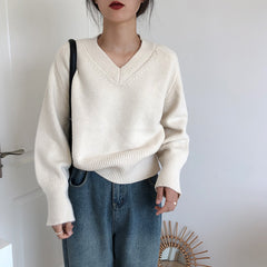 Vintage Solid Color V-Neck Sweater